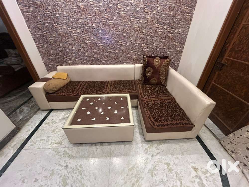 6 seater sofa set (L shaped) with center table and 2 puffs (Beige)