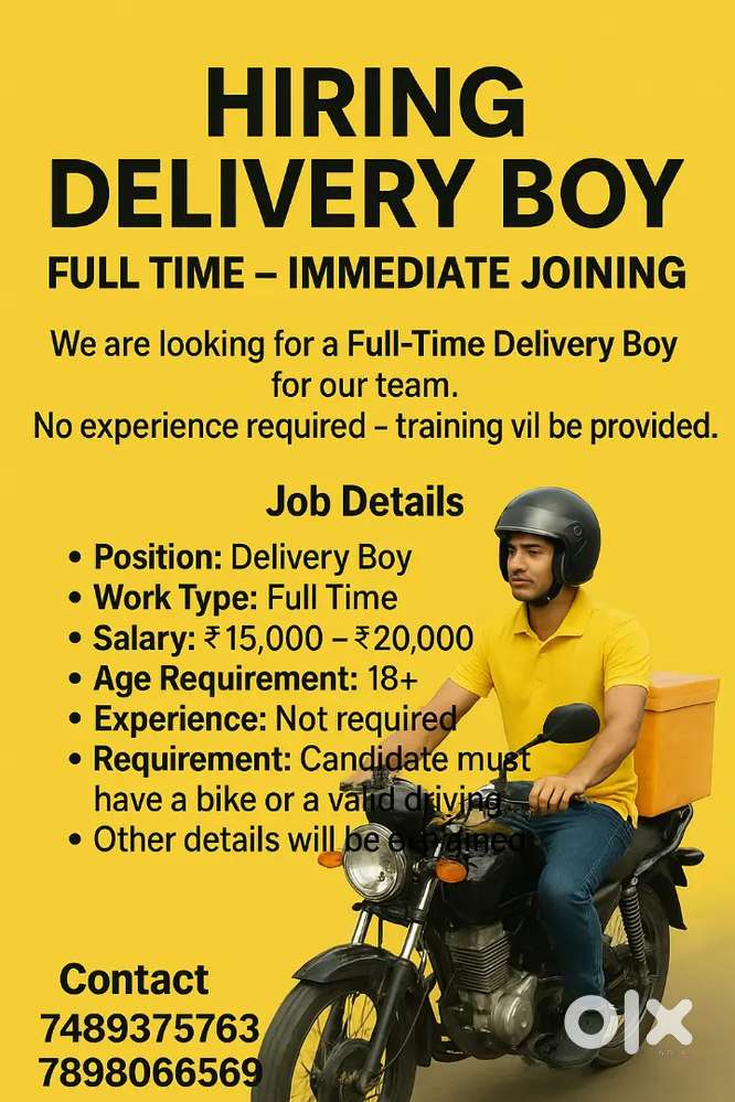 Hiring Delivery Boy - Full Time - Immediate Joining