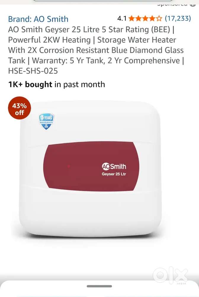 AO Smith Geyser 25 Litre 5 Star Rating (BEE)  Powerful 2KW Heating