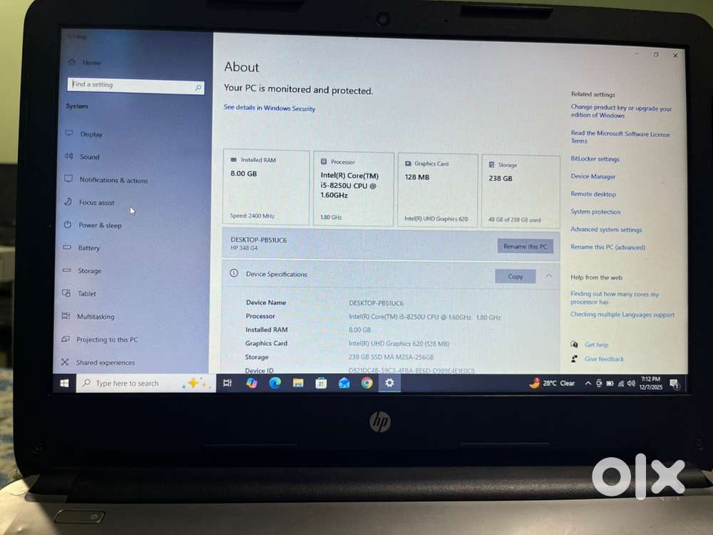 Hp pro book laptop i5 10 generation 8gb ram with battery backup