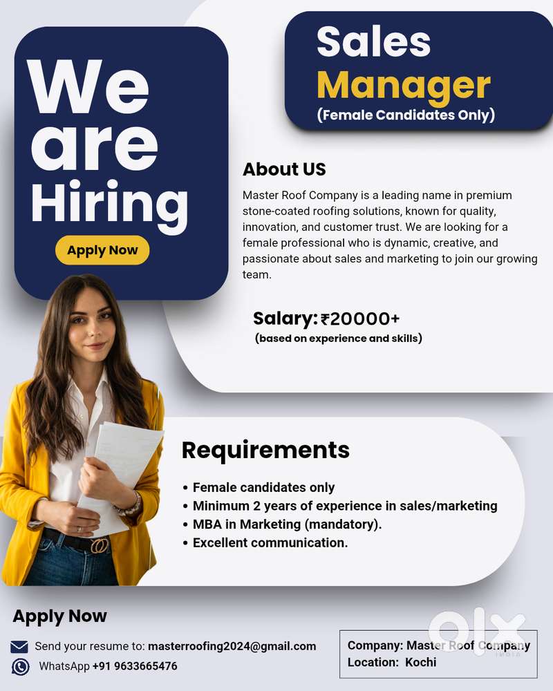 urgently looking for a Female sales manager -Master Roof Company vytti
