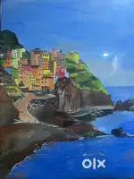 Vibrant hand-paint costal village. Landscape-Framed acyrlic network