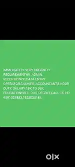 Data entry operator, receptionist,HR,Admin, account,ect