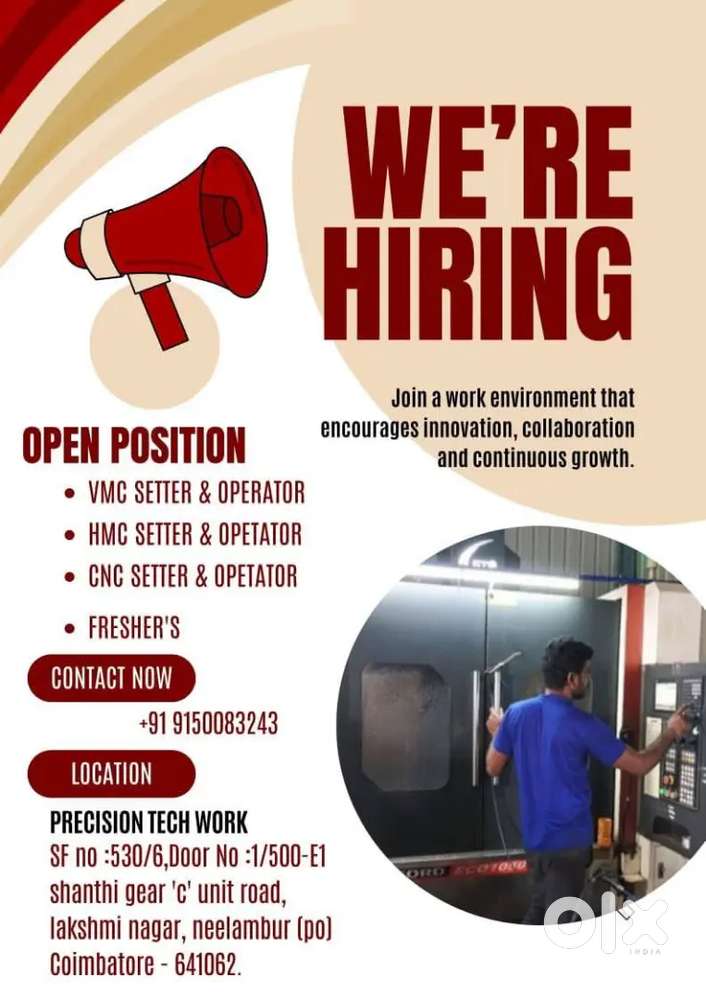 Wanted CNC,VMC,HMC setter, operator
