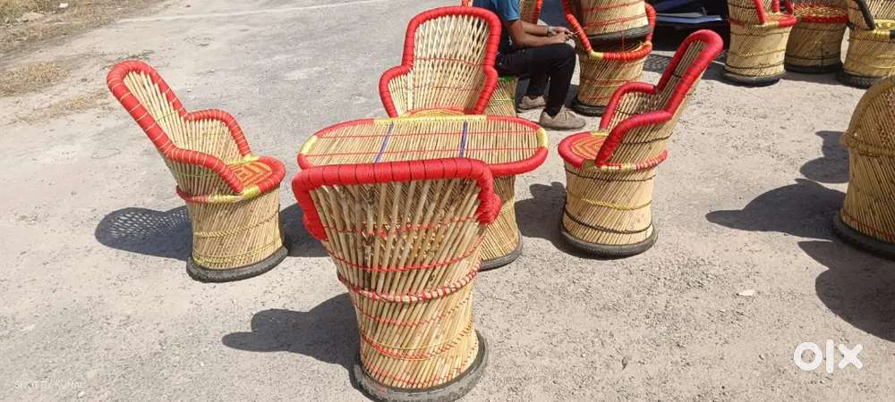 Bamboo Mudda Chair With Table Set chand basket cane tray iron stool