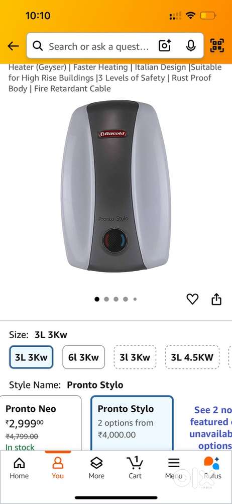 Beautiful Brand new 3liter ,3 K/W  BRAND NEW RACOLD WATER GYSER HEATER