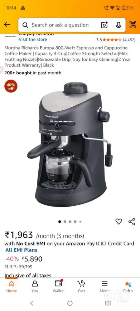 Brand new unused coffee machine 800watt with cup and spoons for sale