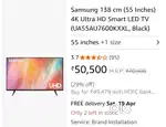Samsung 138 cm (55 Inches) 4K Ultra HD Smart LED TV (UA55AU7600KXXL)