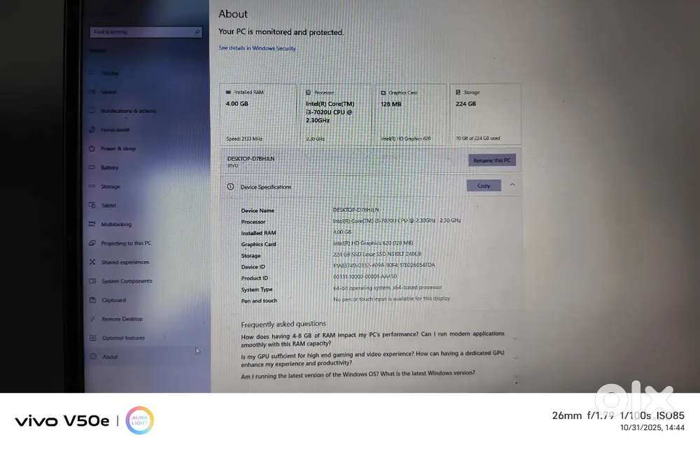 Lenova i3( Ram-4GB, Graphics 128MB, storage 224)