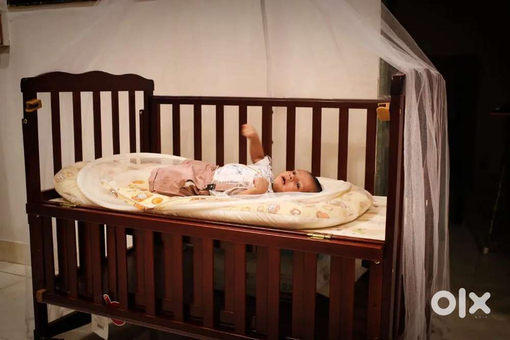 Wooden Cradle with mattress and side skirts