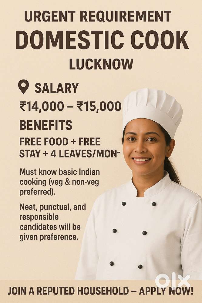 ‍ Urgent Requirement – Domestic Cook ‍