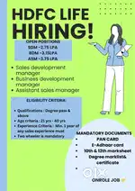 Guruvayoor/HDFC life insurance/Degree pass/Min 1yr sales exp must