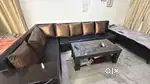L shape sofa set, sqaure table and single bed