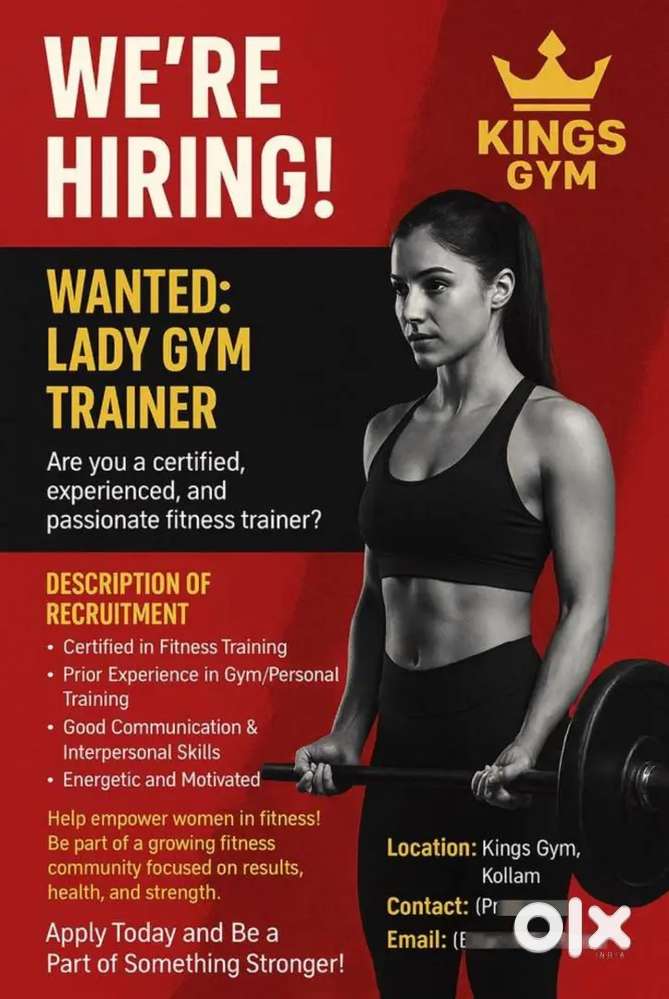 Hiring Lady Fitness Trainer – King’s Gym, Kollam