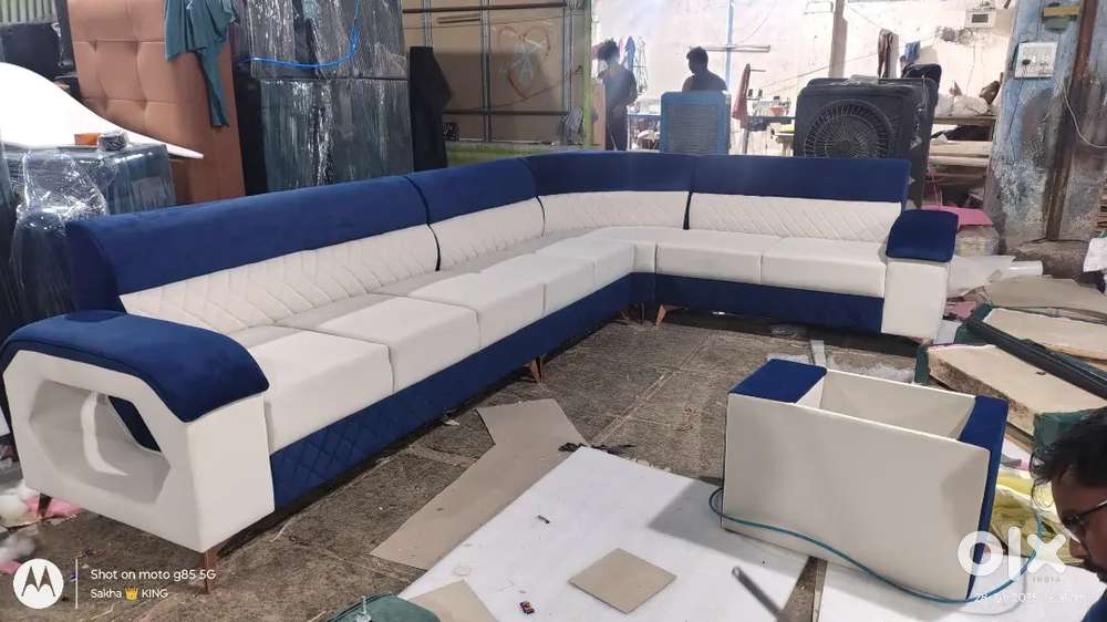 L shape sofa set with velvet luxurious design and two color combinatio