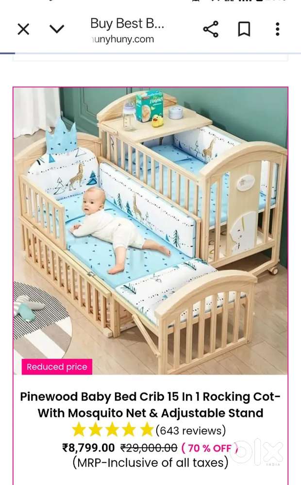 Pinewood Baby Bed Crib 15 in 1 Rocking Cot- with Mosquito Net